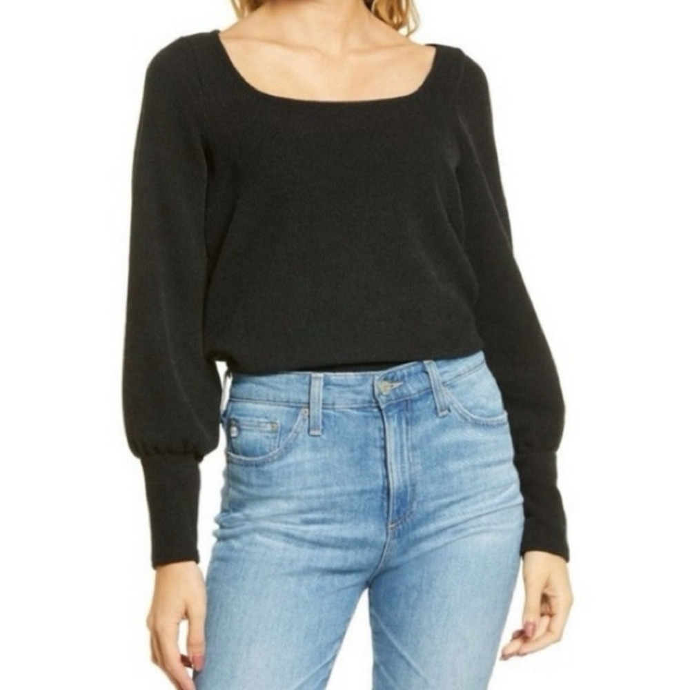 Madewell‎ Ottoman Rib Square Neck Sweater Top Black Long Sleeve Cozy Medium